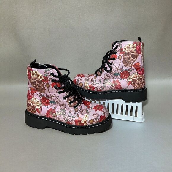 TUK Anarchic Pink Skull & Roses Combat Boots - Picture 1 of 10